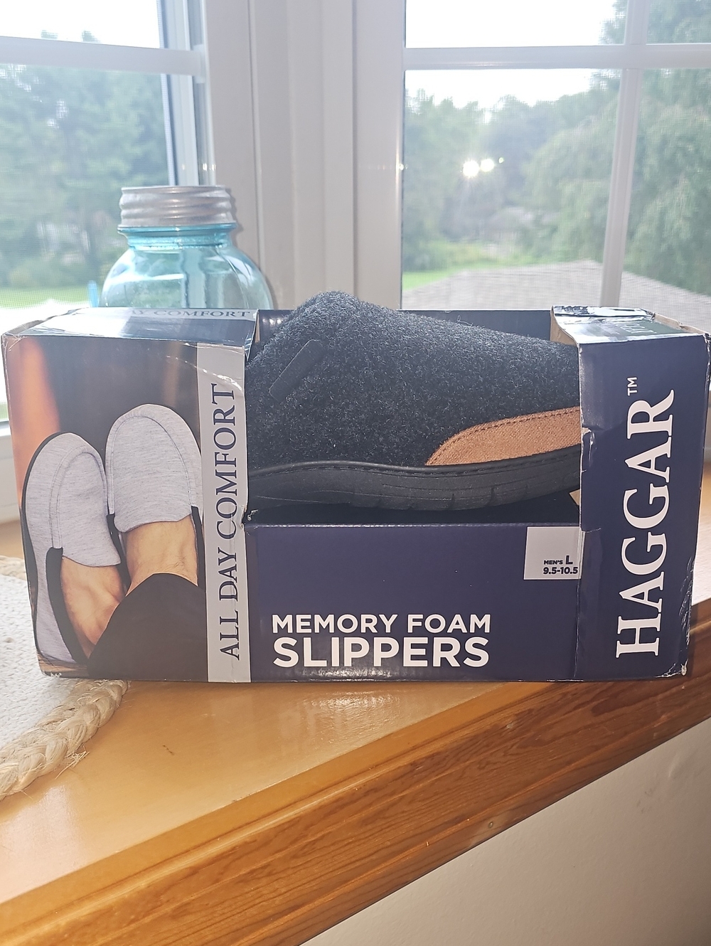 Haggar Men's Slip-On Memory Foam Slippers in Black with Brown Accent